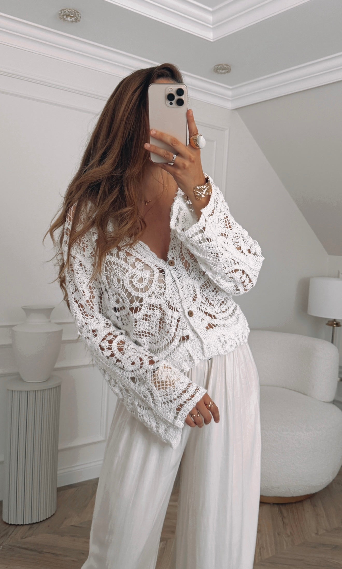Bluzka boho z guzikami oversize ażurowa rozmiar uniwersalny
