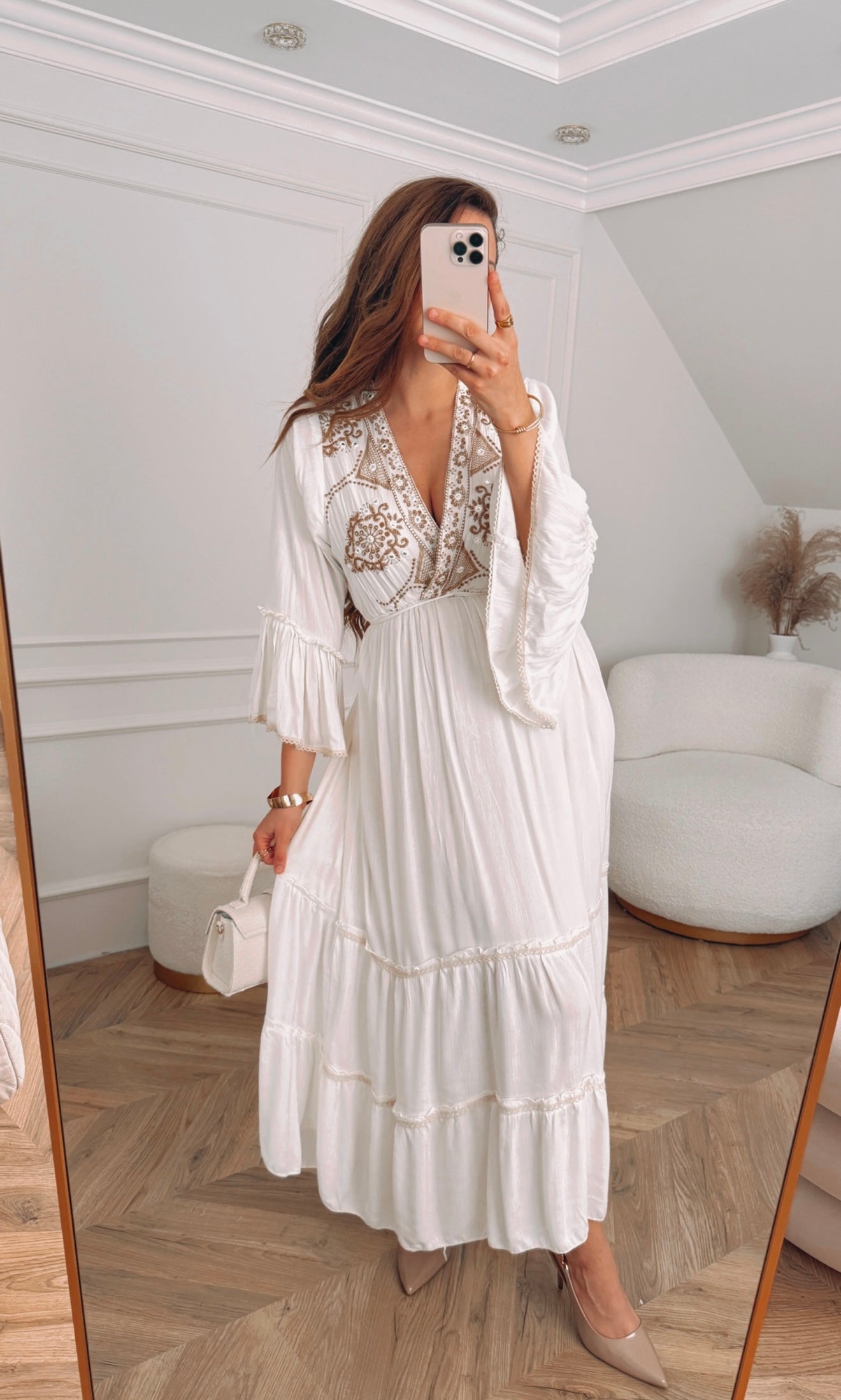 Cream dress with brown embroidery