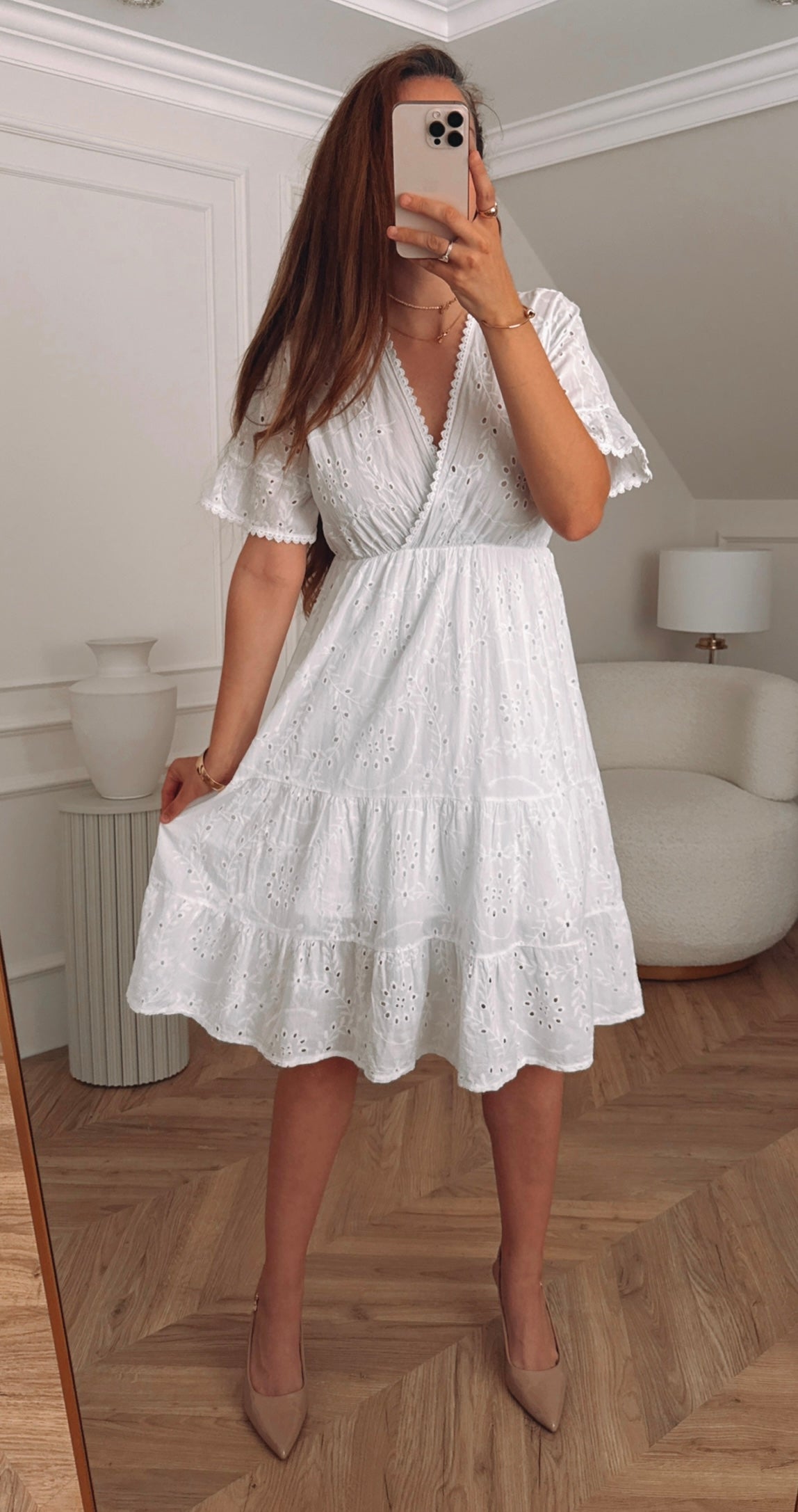 Sukienka biała haftowana midi boho ażurowa