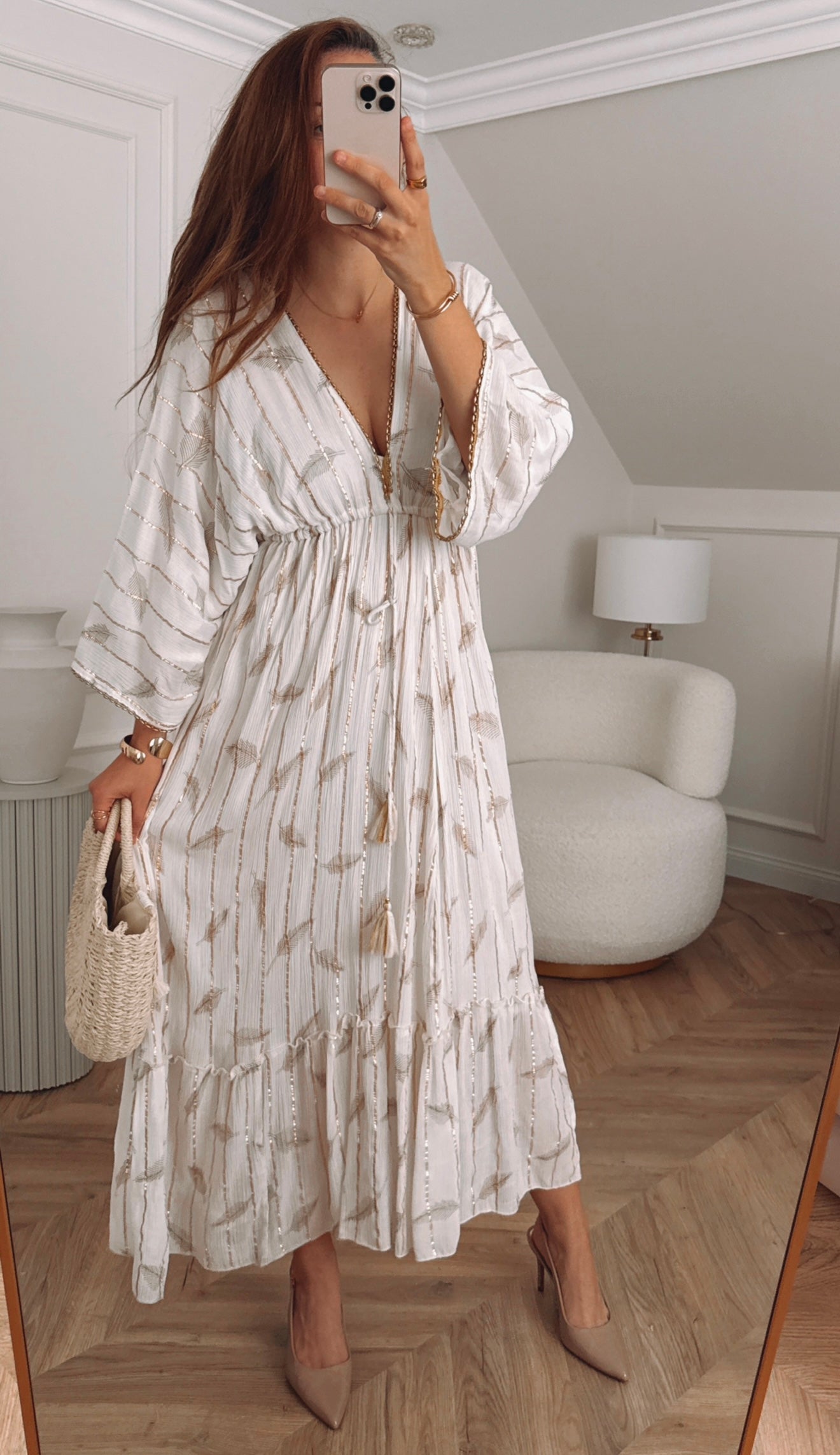 Długa sukienka boho z wiskozy – beżowo-złota, PLUS SIZE