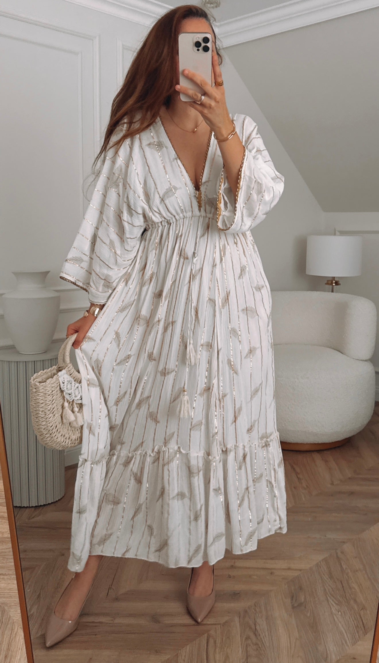 Długa sukienka boho z wiskozy – beżowo-złota, PLUS SIZE