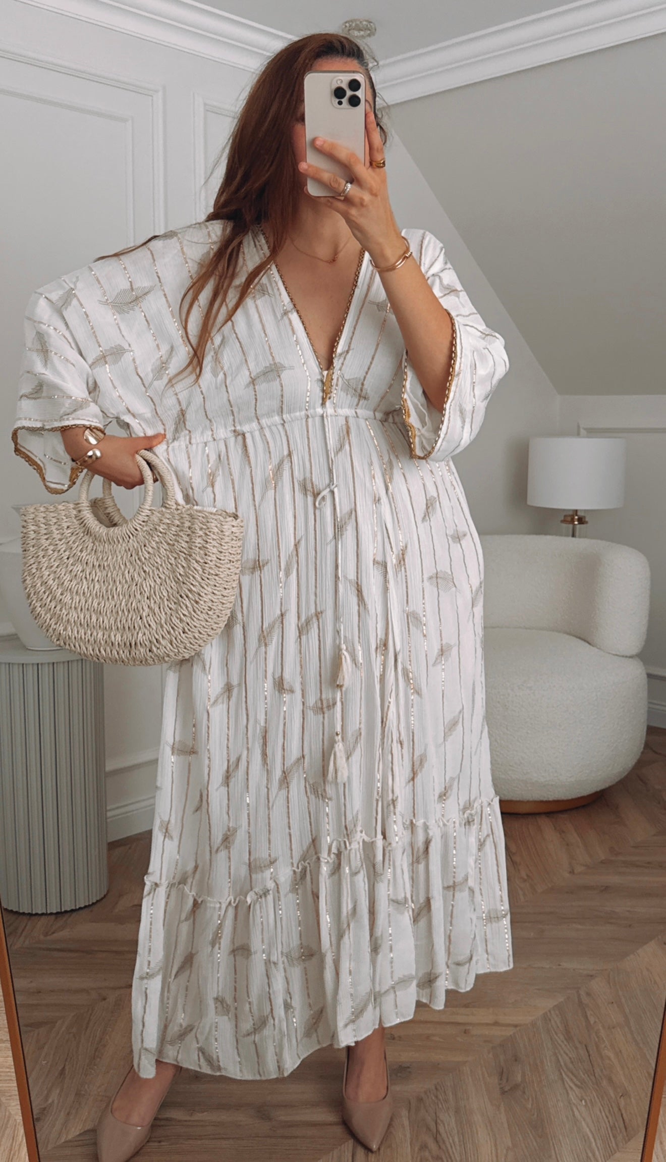 Długa sukienka boho z wiskozy – beżowo-złota, PLUS SIZE