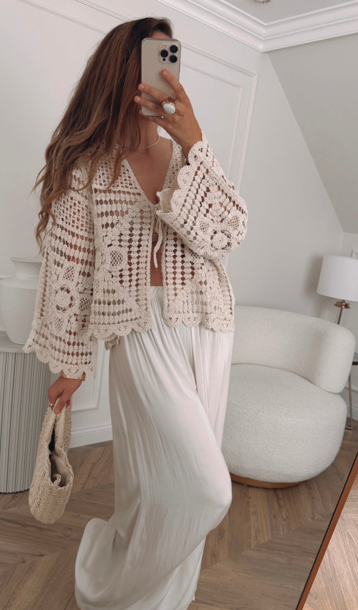 Bluzka Boho z Wiązaniem – Oversize, Bawełna, Beżowa
