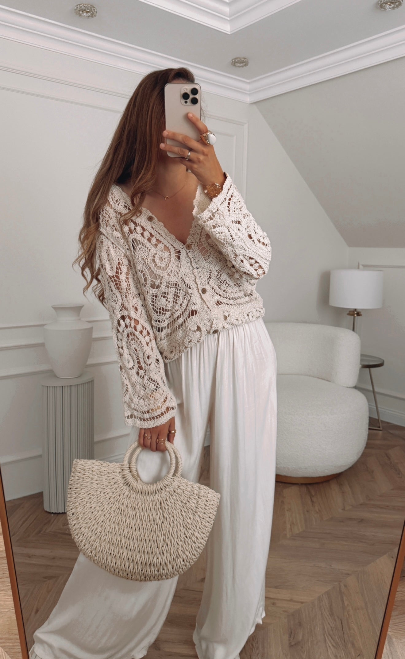 Bluzka boho z guzikami oversize ażurowa rozmiar uniwersalny