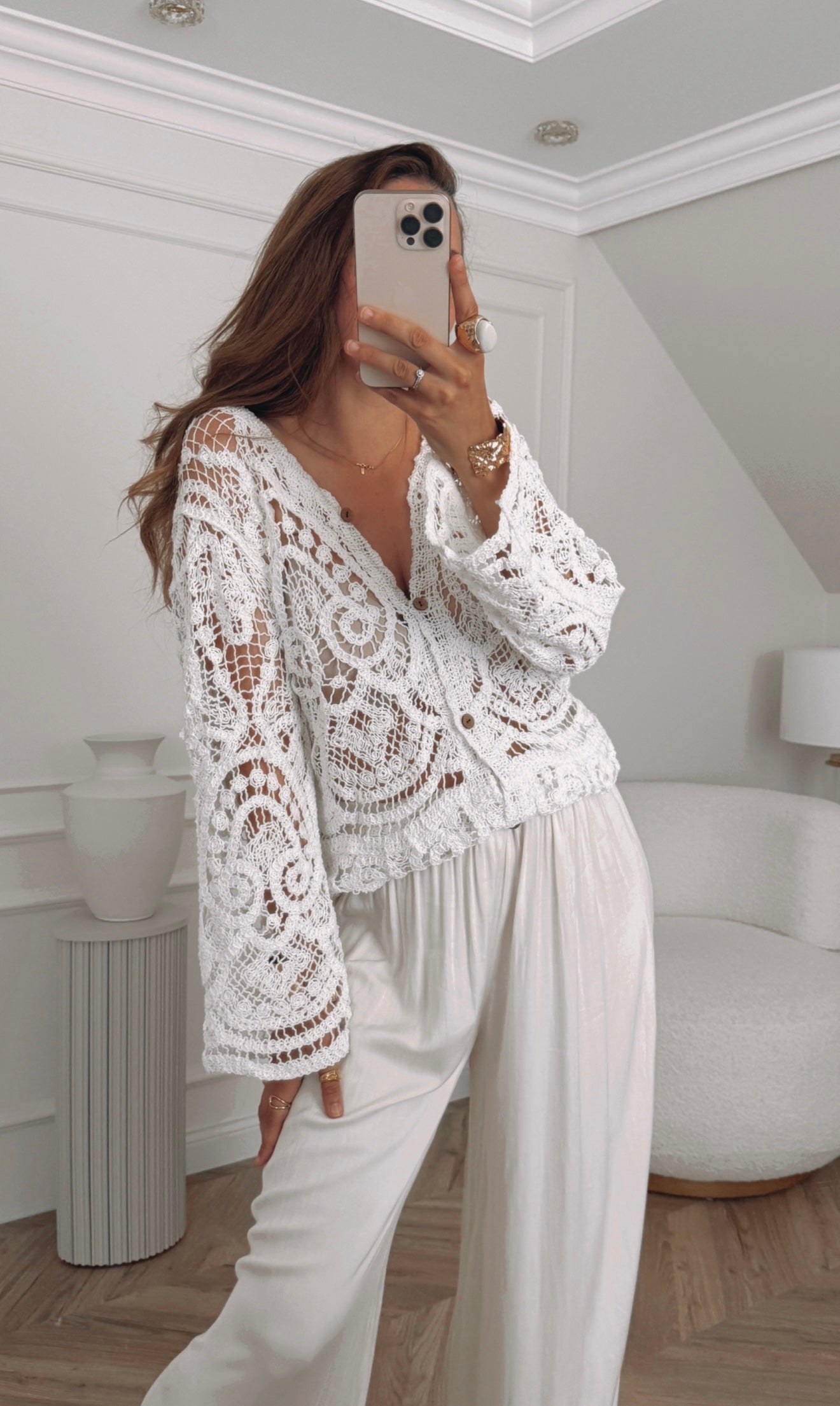 Bluzka boho z guzikami oversize ażurowa rozmiar uniwersalny