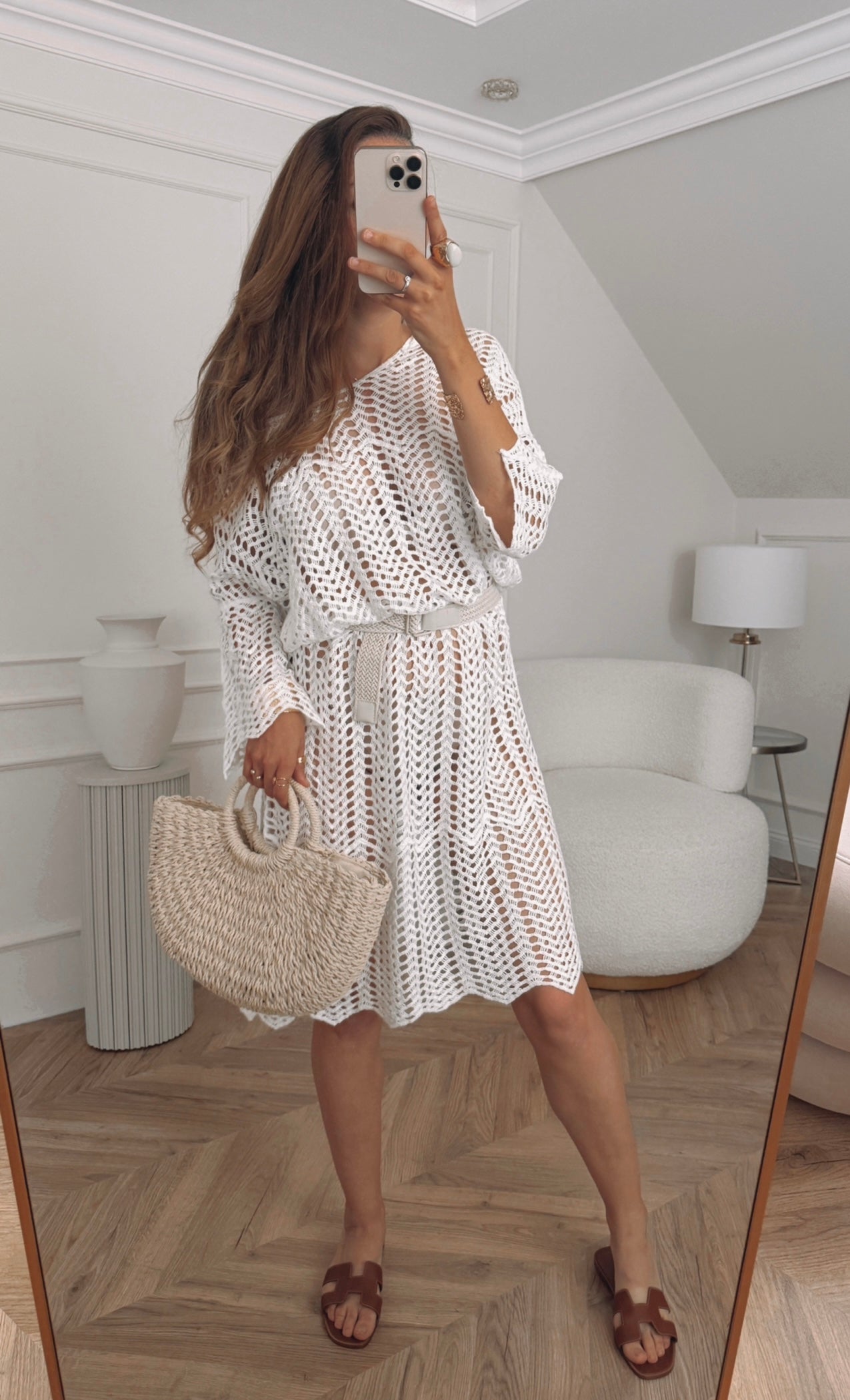 Sukienka plażowa ażurowa oversize boho - biała