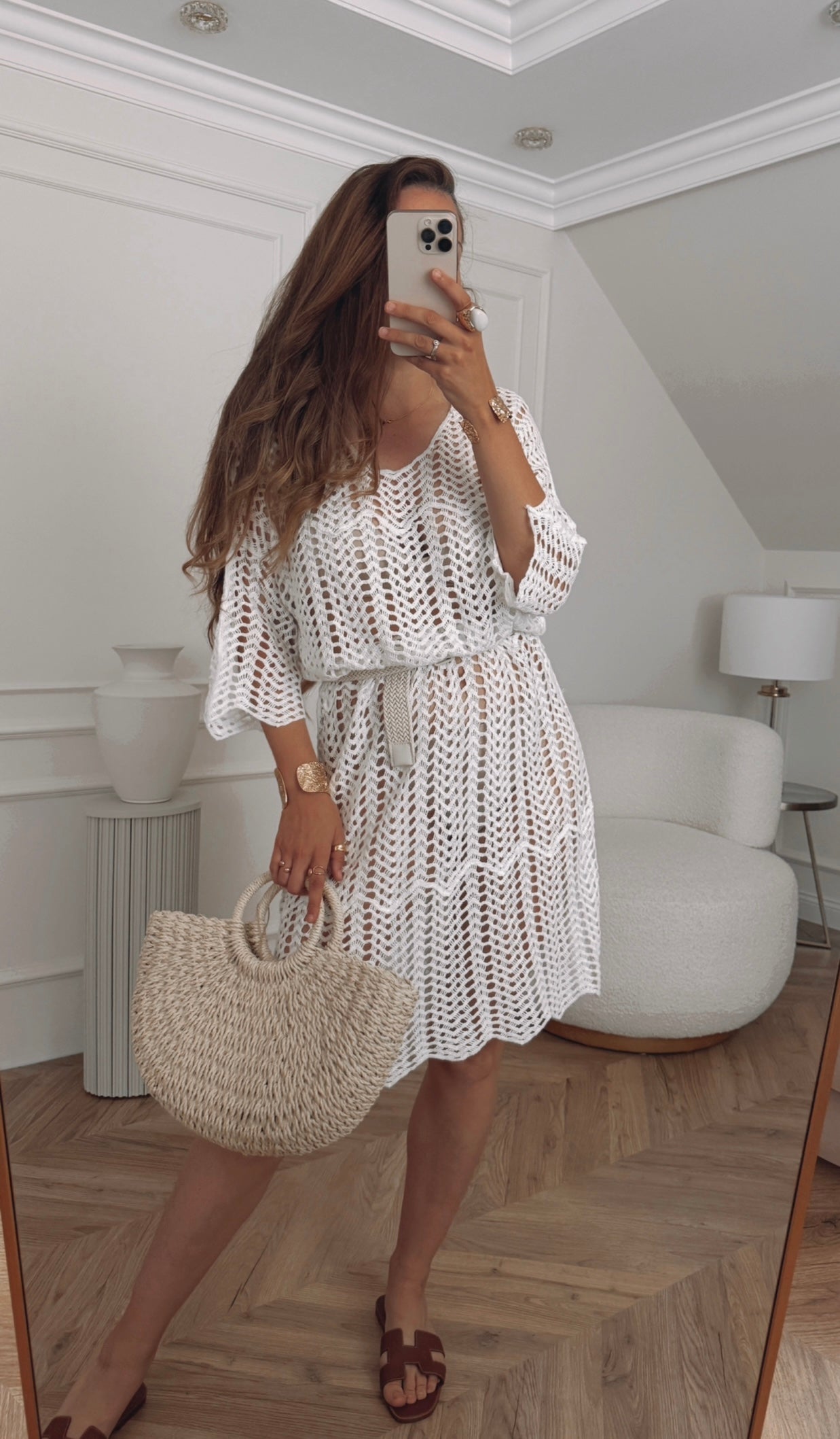 Sukienka plażowa ażurowa oversize boho - biała