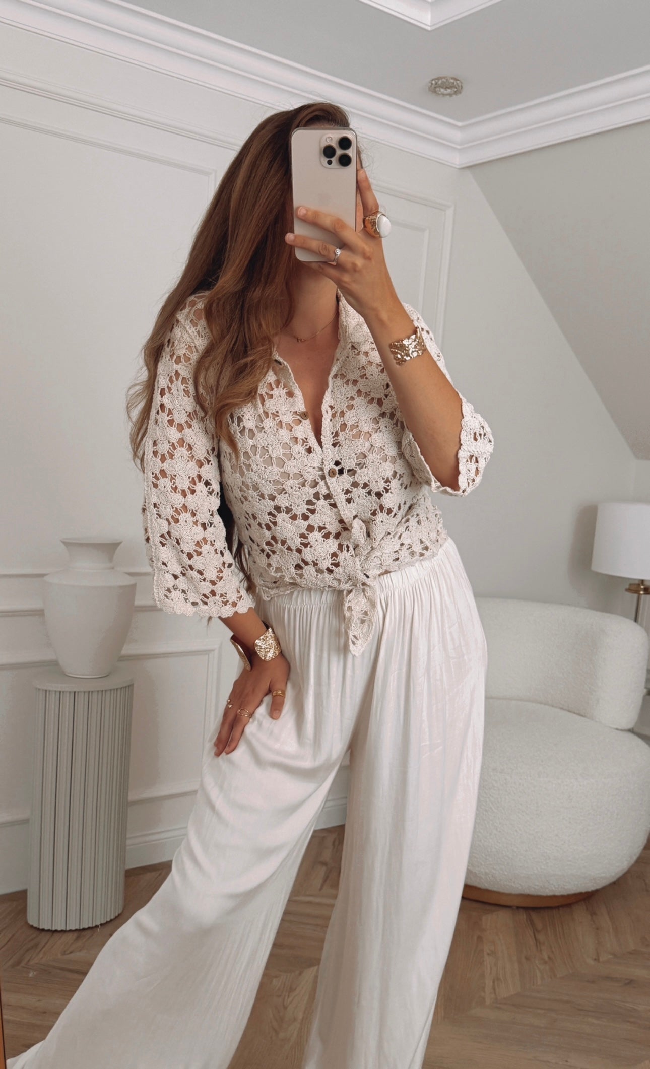Bluzka koszulowa boho z kołnierzykiem- beżowa