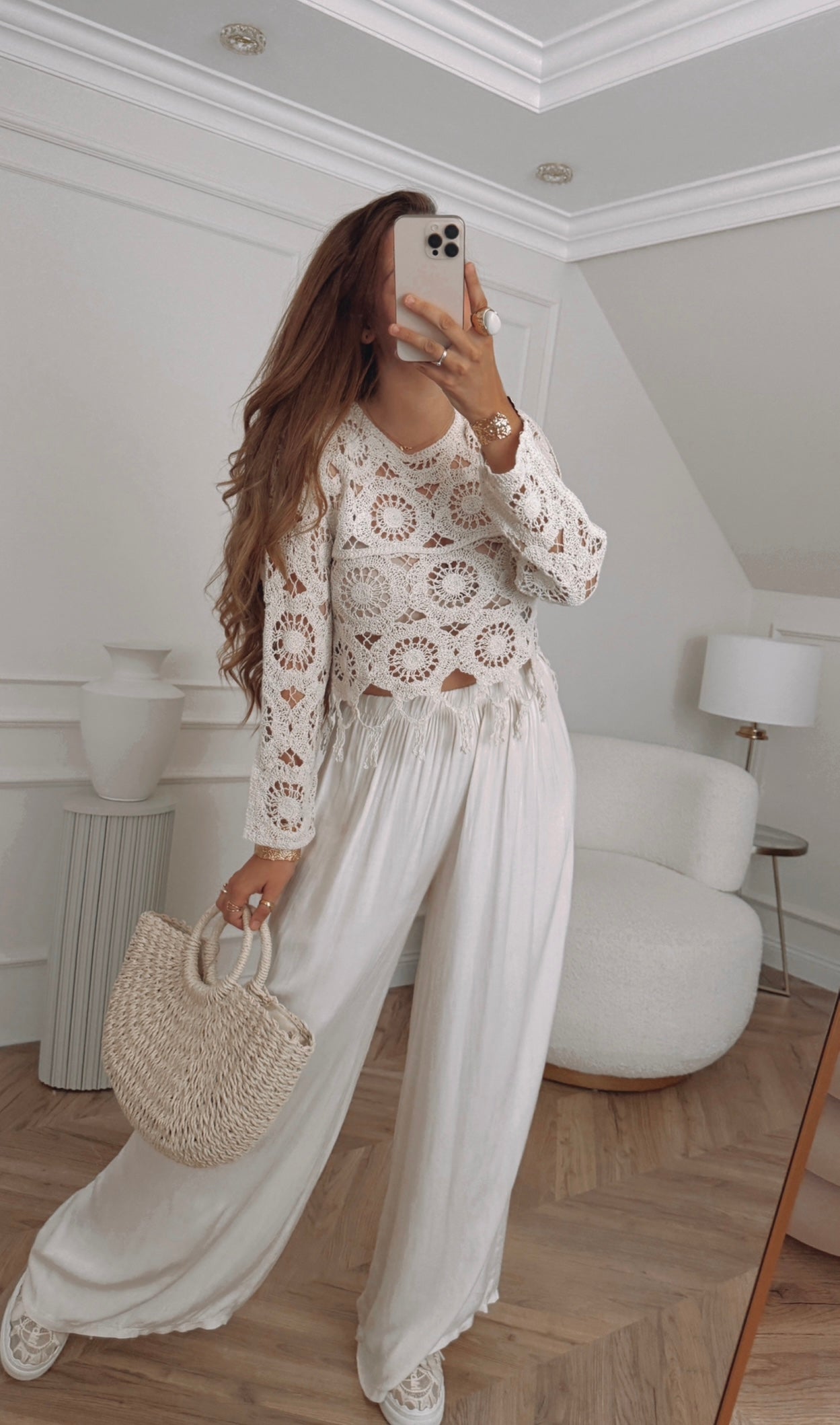 Bluzka boho z frędzlami ażurowa - beżowa