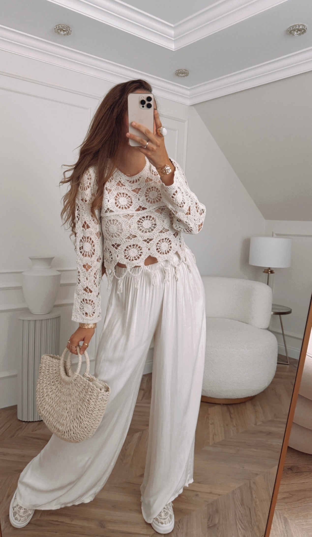 Bluzka boho z frędzlami ażurowa - beżowa