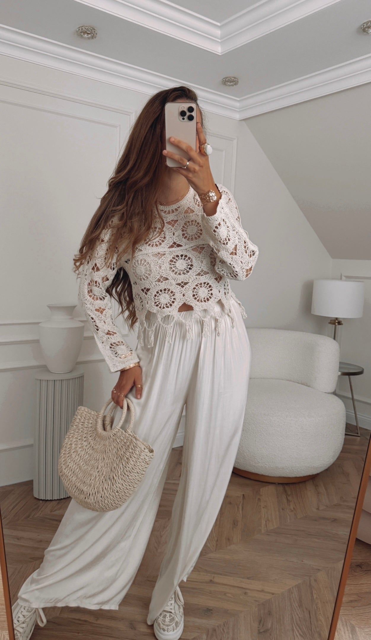 Bluzka boho z frędzlami ażurowa - beżowa